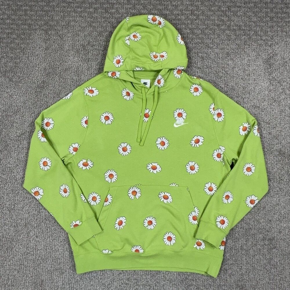 Nike Hoodie Women Large Green Daisy Floral Pullover Sweatshirt Athleisure Lounge